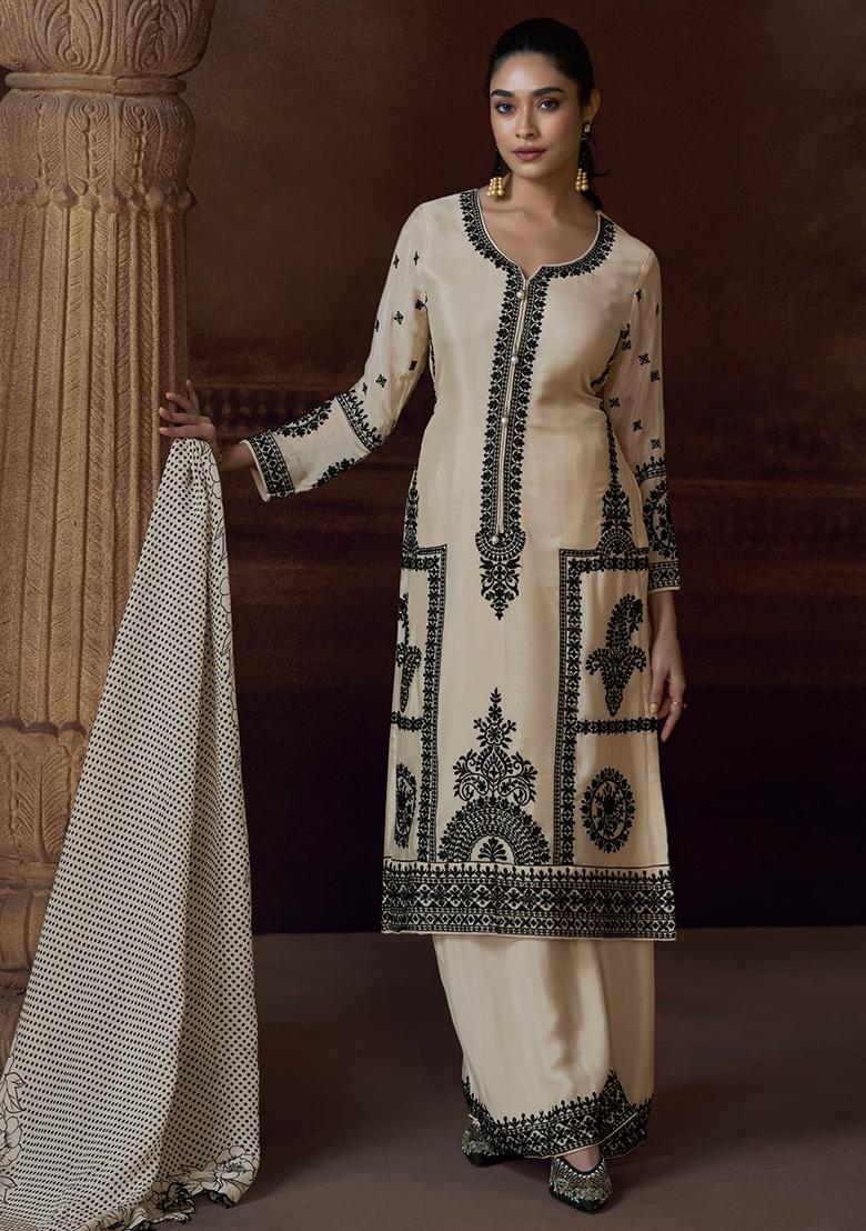 Beige Embroidered Silk Kurta Set With Dupatta - Indya