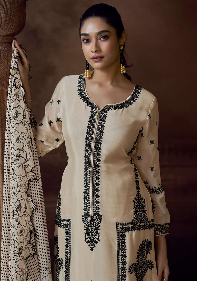 Beige Embroidered Silk Blend Pakistani Suit Set - Indya
