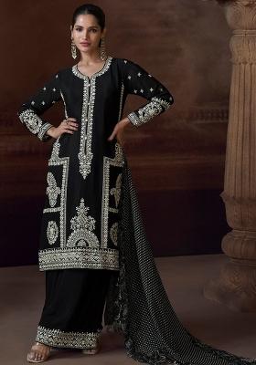 Black Embroidered Silk Kurta Set With Dupatta