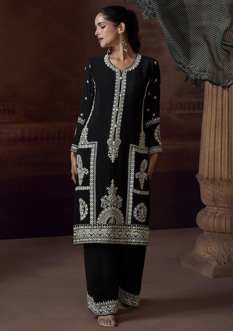 Black Embroidered Silk Kurta Set With Dupatta - Indya