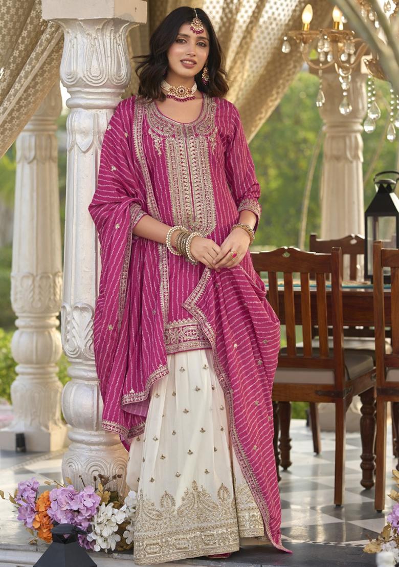 Magenta Embroidered Silk Kurta Set With Dupatta