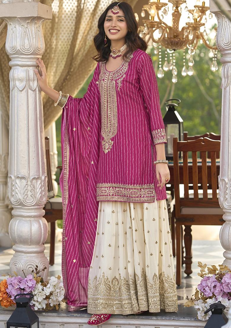 Magenta Embroidered Silk Kurta Set With Dupatta