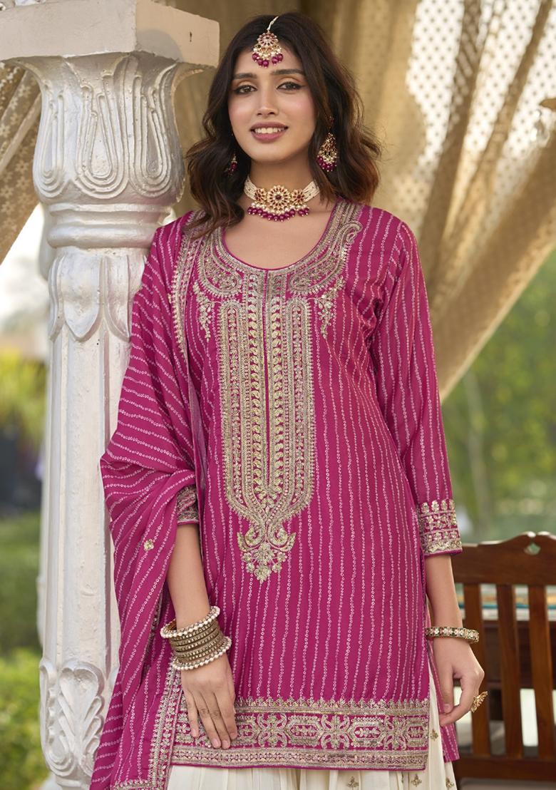 Magenta Embroidered Silk Kurta Set With Dupatta