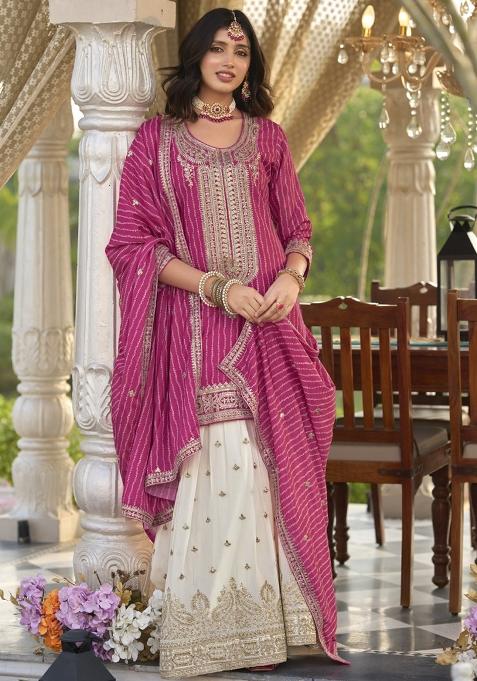Magenta Embroidered Silk Kurta Set With Dupatta