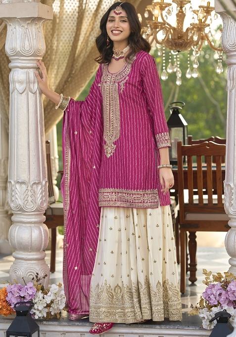Magenta Embroidered Silk Kurta Set With Dupatta