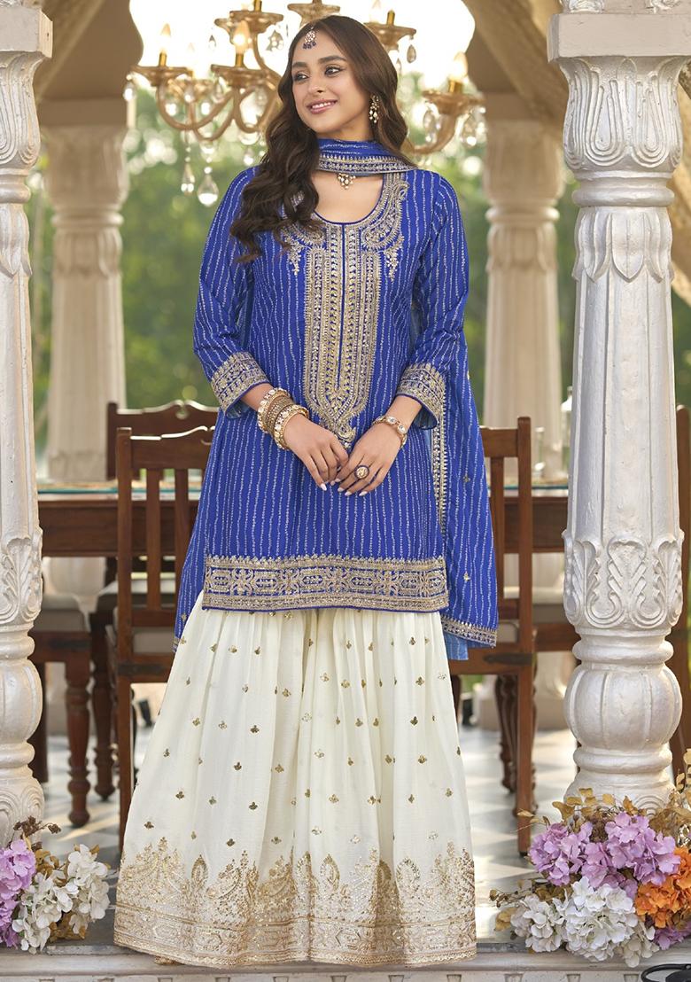 Blue Embroidered Silk Kurta Set With Dupatta - Indya