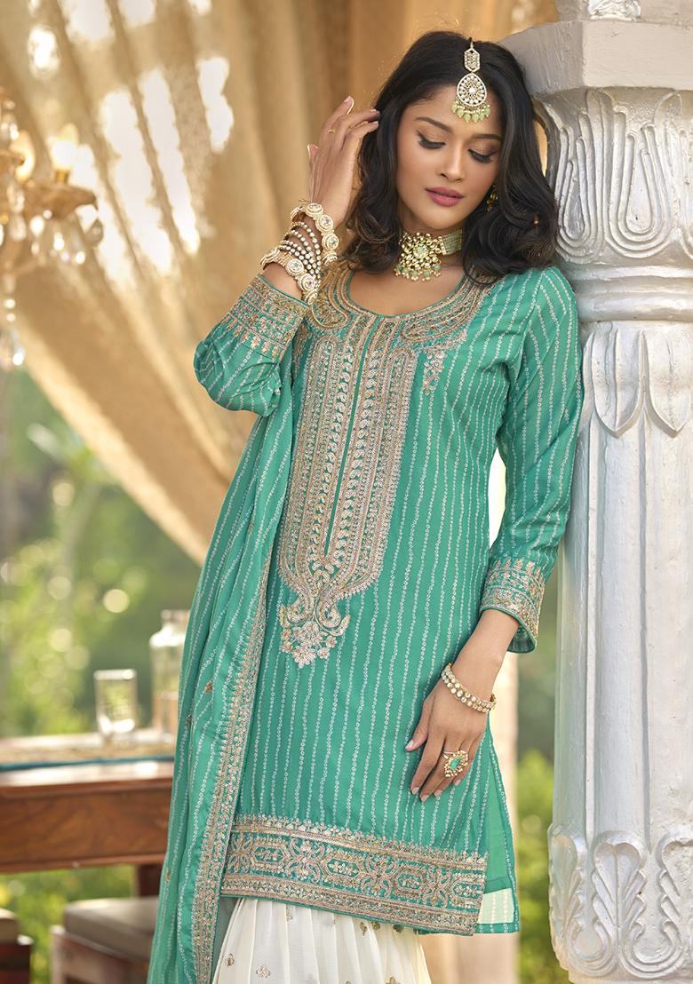 Turquoise Embroidered Silk Kurta Set With Dupatta - Indya