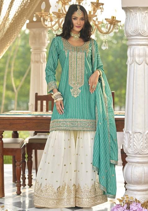 Turquoise Embroidered Silk Kurta Set With Dupatta