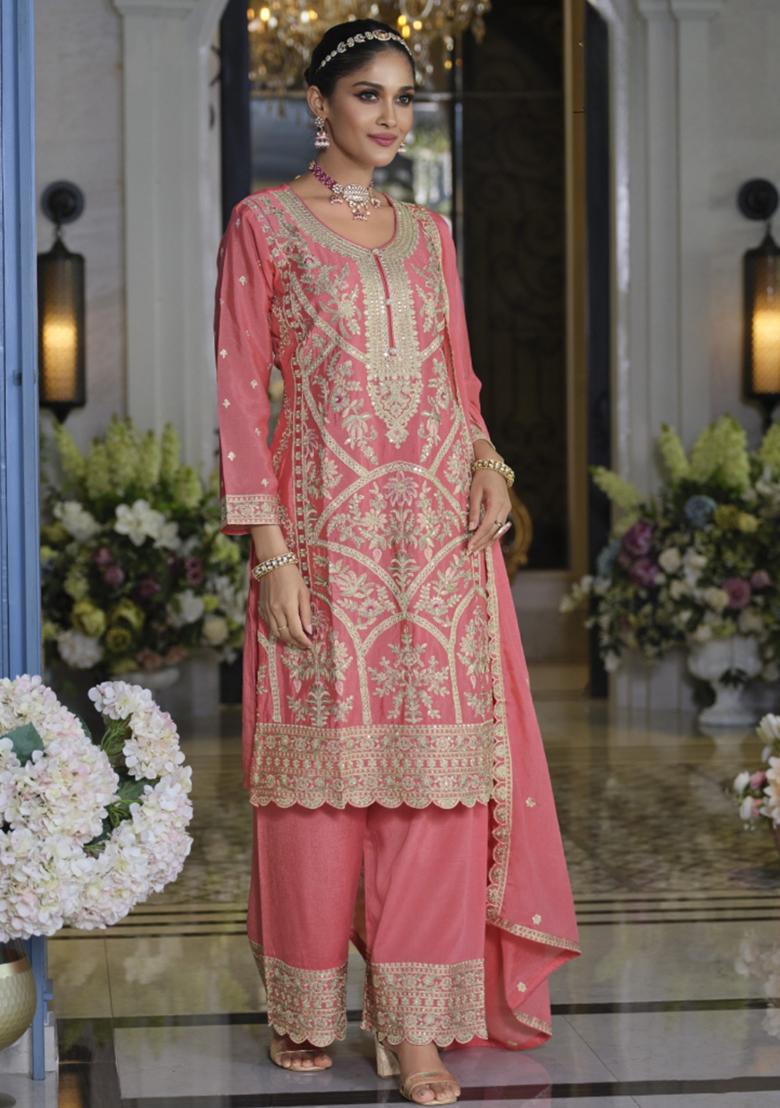 Pink Sequins Silk Kurta Set With Dupatta - Indya