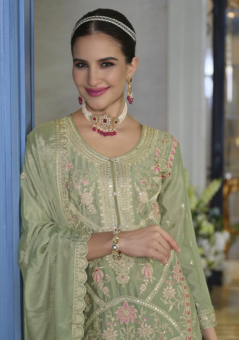 Green Sequins Silk Kurta Set With Dupatta