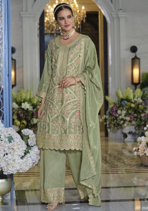 Green Sequins Silk Kurta Set With Dupatta
