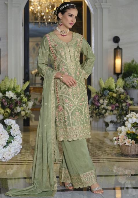 Green Sequins Silk Kurta Set With Dupatta