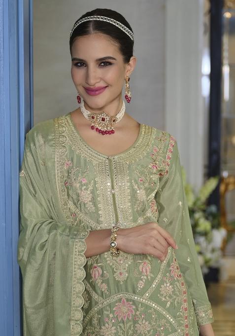 Green Sequins Silk Kurta Set With Dupatta