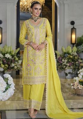 Yellow Sequins Silk Kurta Set With Dupatta