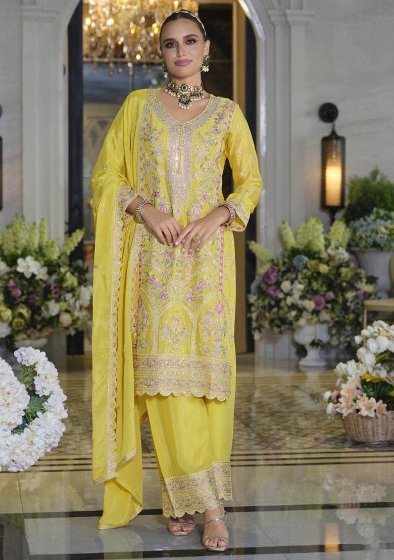 Yellow Sequins Silk Kurta Set With Dupatta - Indya