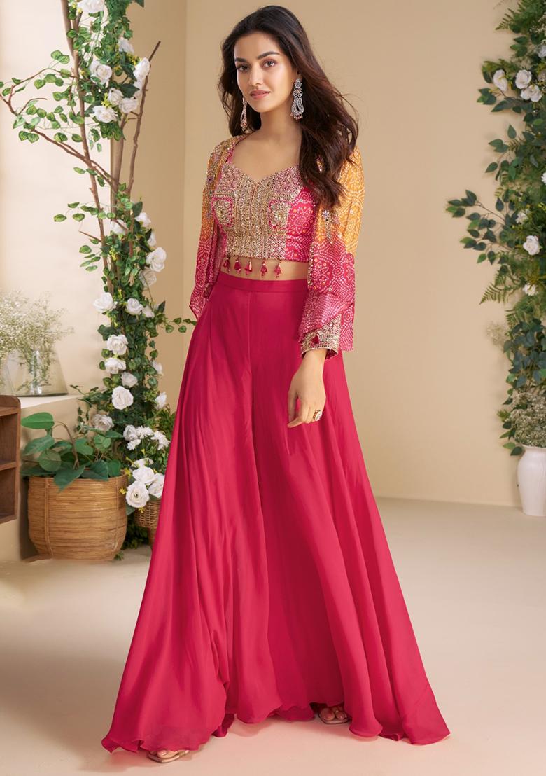 Magenta Printed Silk Kurta Set With Koti - Indya