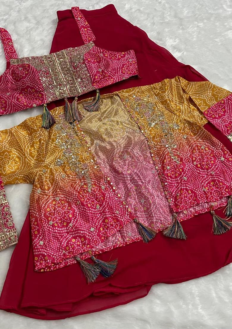 Magenta Printed Silk Kurta Set With Koti - Indya