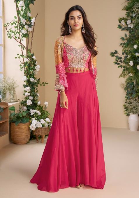 Magenta Printed Silk Kurta Set With Koti