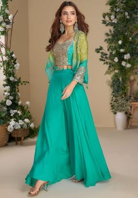 Teal Blue Printed Silk Kurta Set With Koti