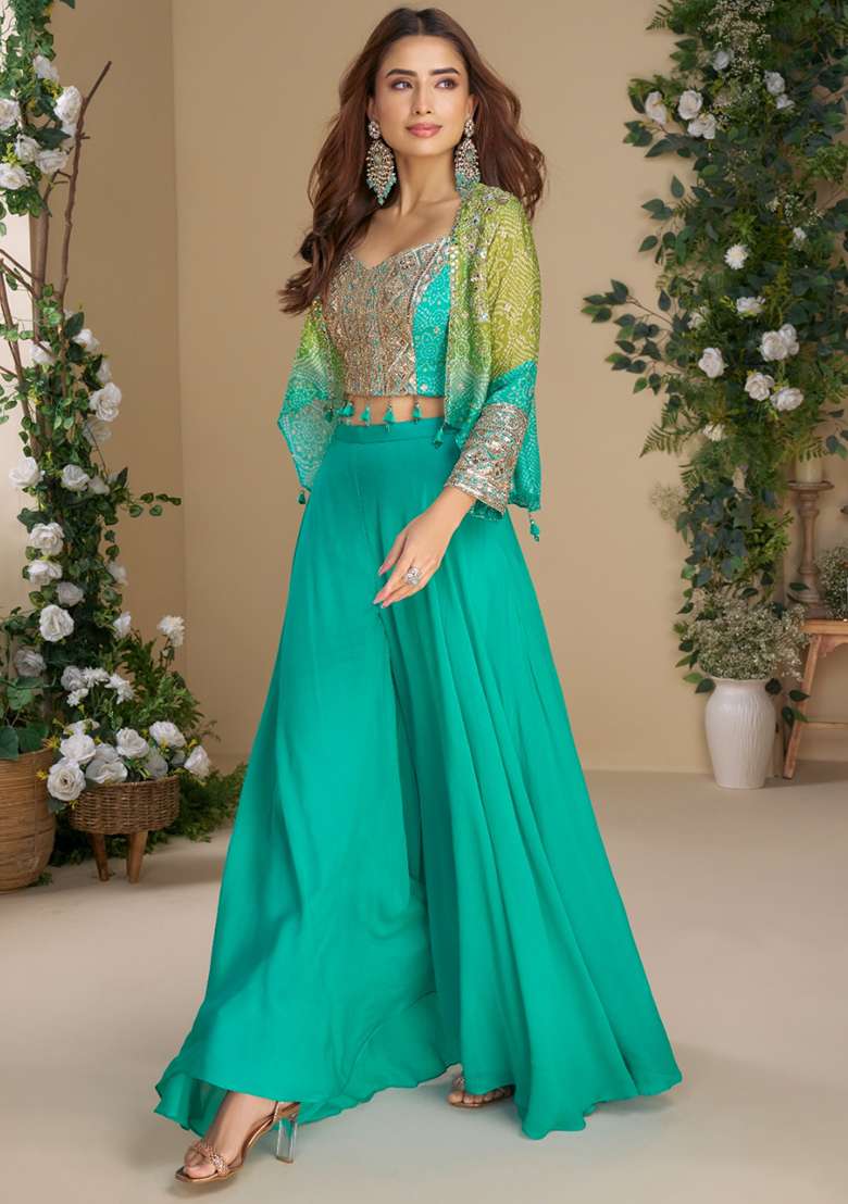 Teal Blue Sequin Work Silk Blend Sharara Set - Indya