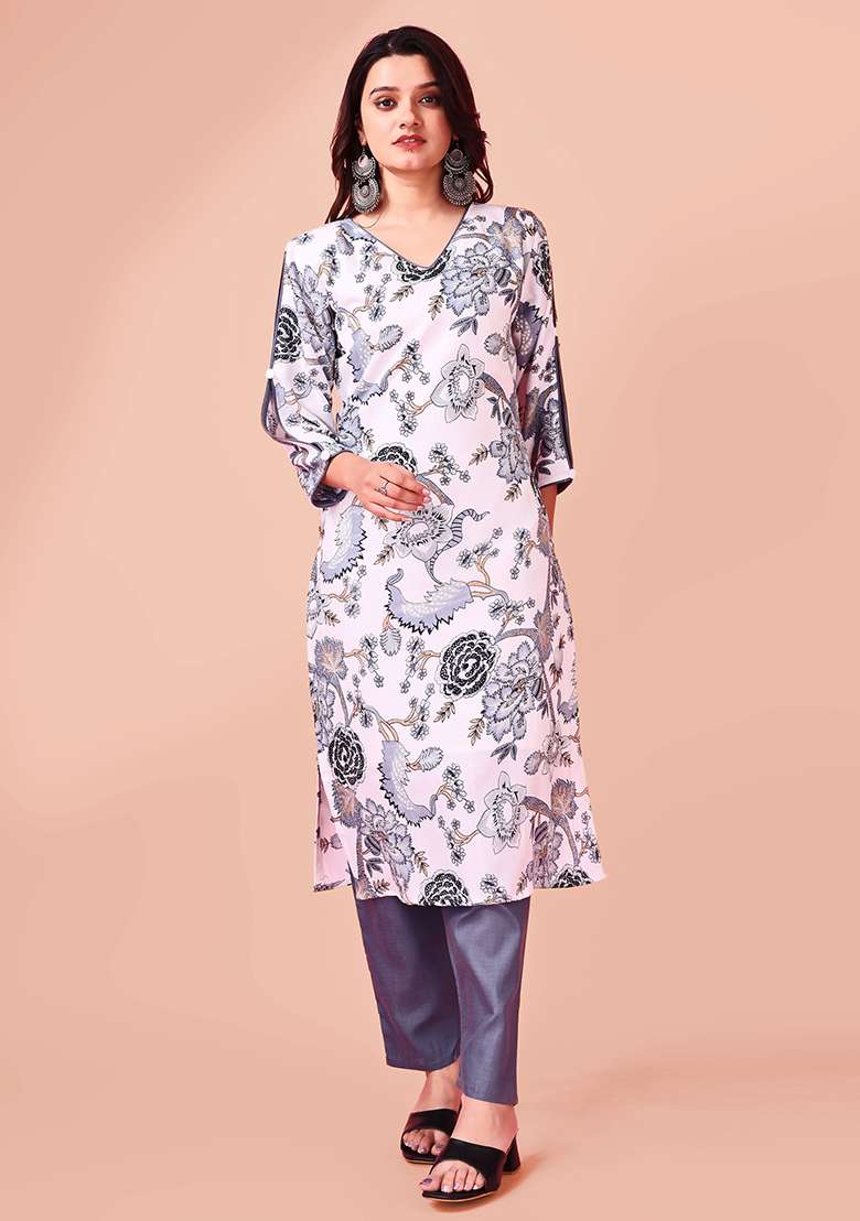White Printed Blended Straight Kurta Set - Indya