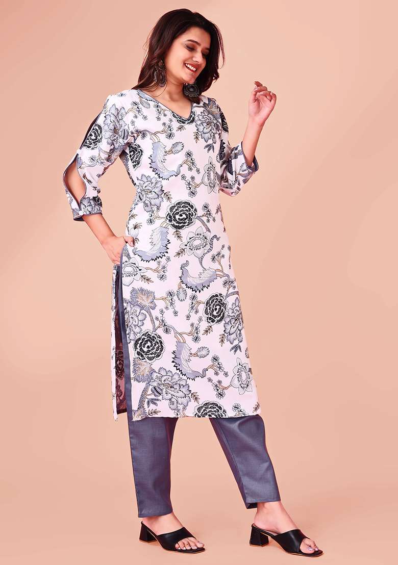 White Printed Blended Straight Kurta Set - Indya