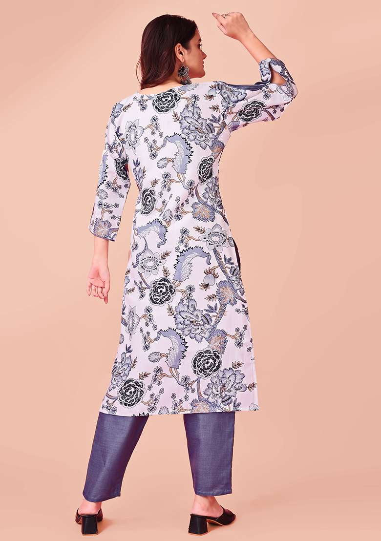 White Printed Blended Straight Kurta Set - Indya