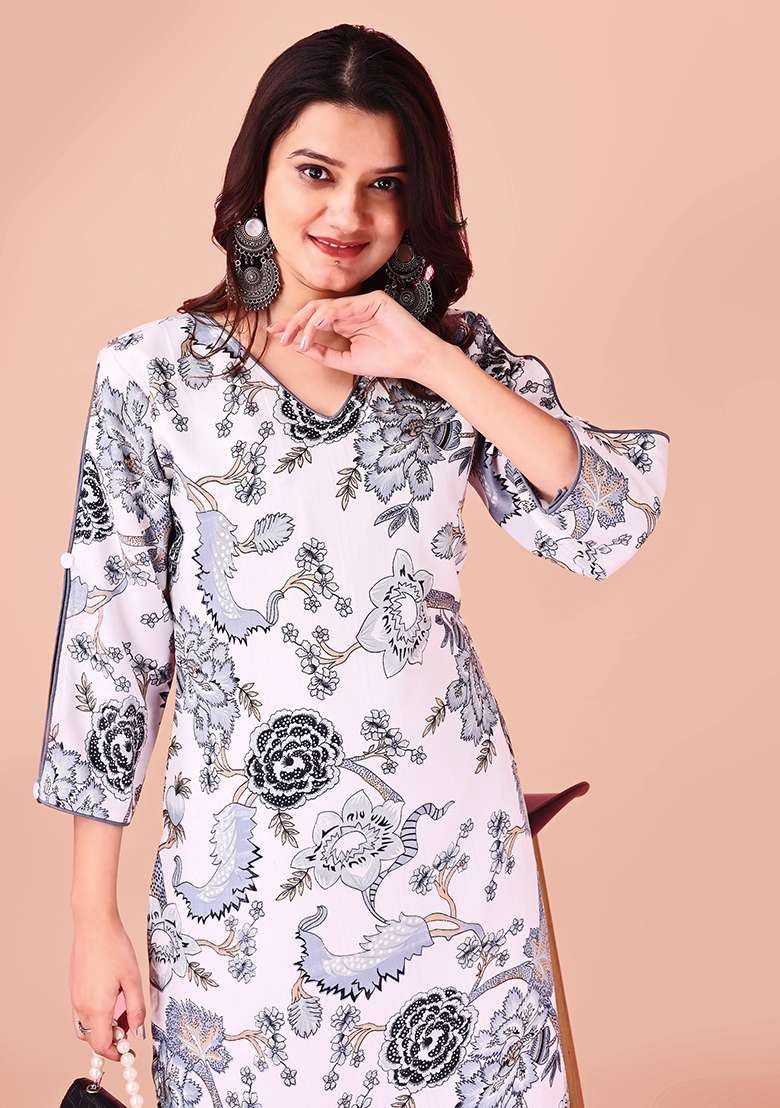 White Printed Blended Straight Kurta Set - Indya