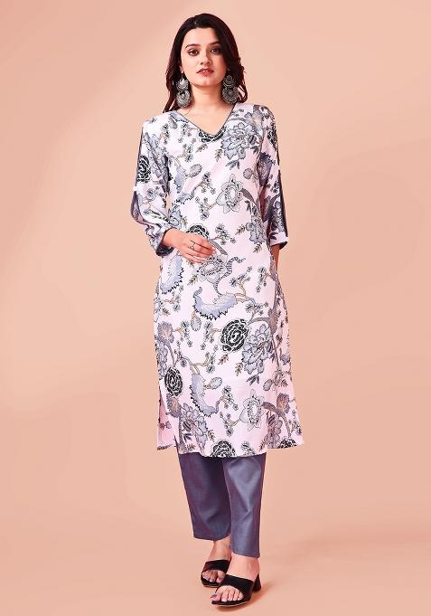 White Printed Cotton Blend Kurta Set