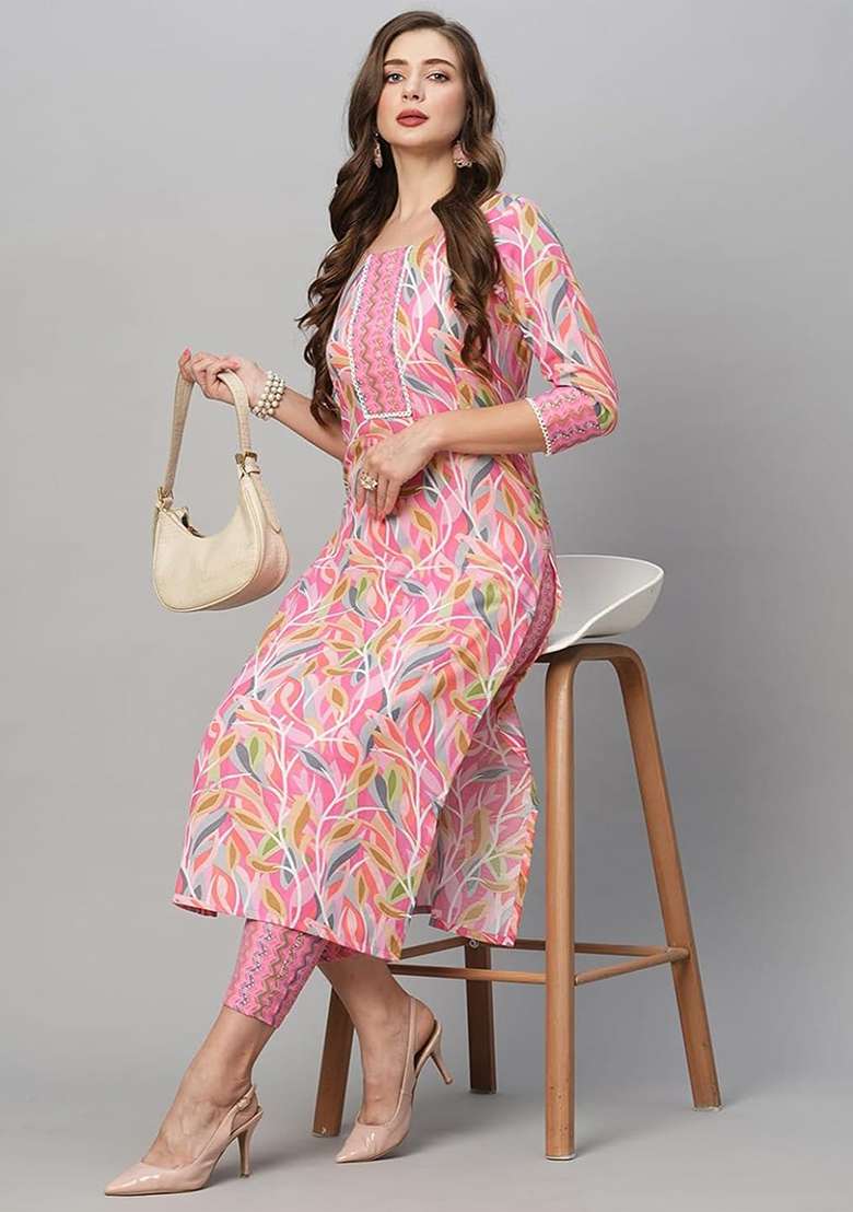 Pink Printed Blended Straight Kurta Set - Indya