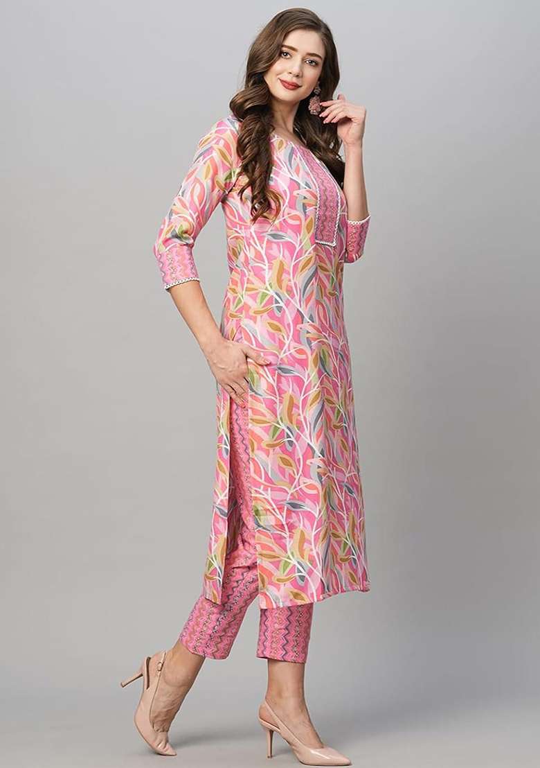 Pink Printed Blended Straight Kurta Set - Indya