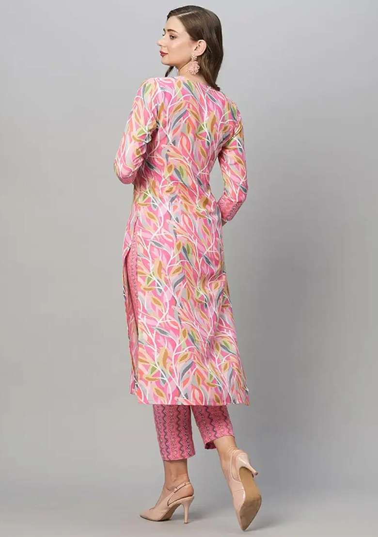 Pink Printed Blended Straight Kurta Set - Indya