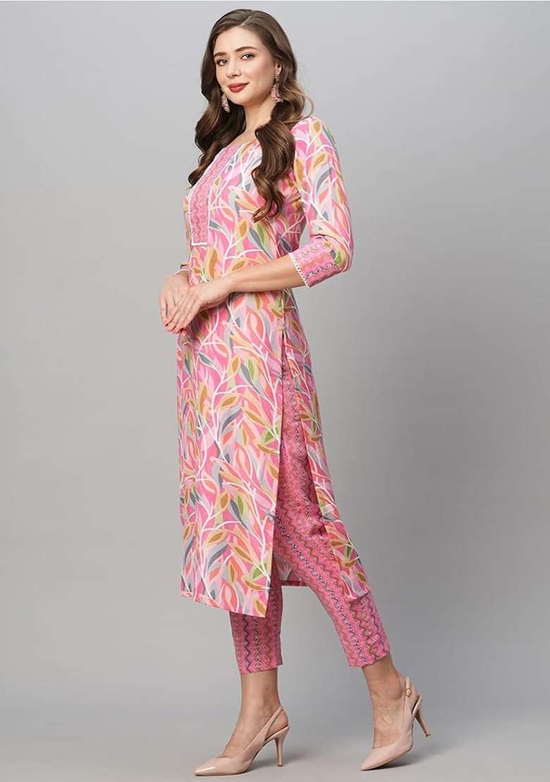 Pink Printed Blended Straight Kurta Set - Indya