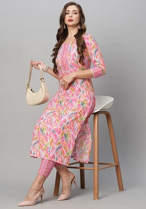 Pink Printed Cotton Blend Kurta Set