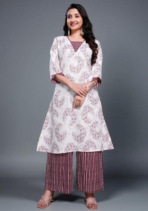 Maroon Printed Cotton Kurta Set