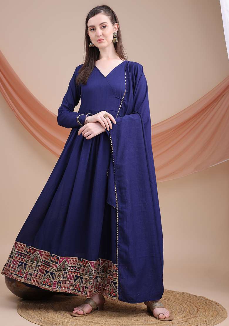 Navy Blue Solid Silk Blend Kurti With Dupatta - Indya