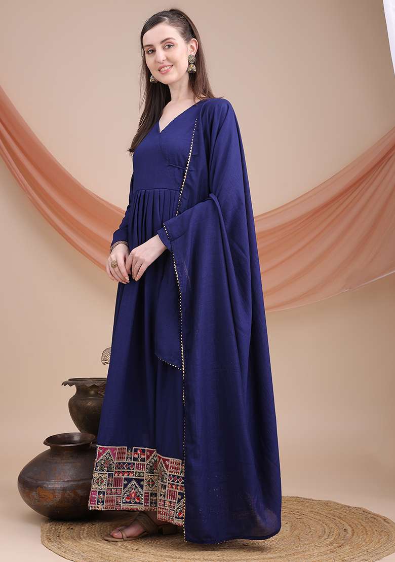 Navy Blue Solid Silk Blend Kurti With Dupatta - Indya
