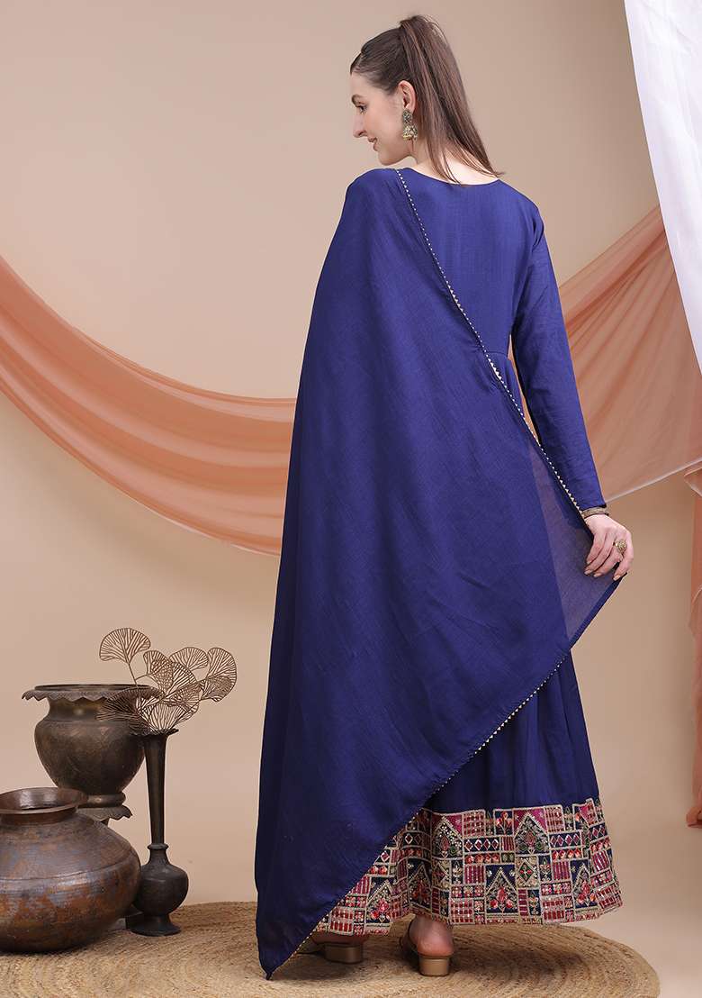 Navy Blue Solid Silk Blend Kurti With Dupatta - Indya