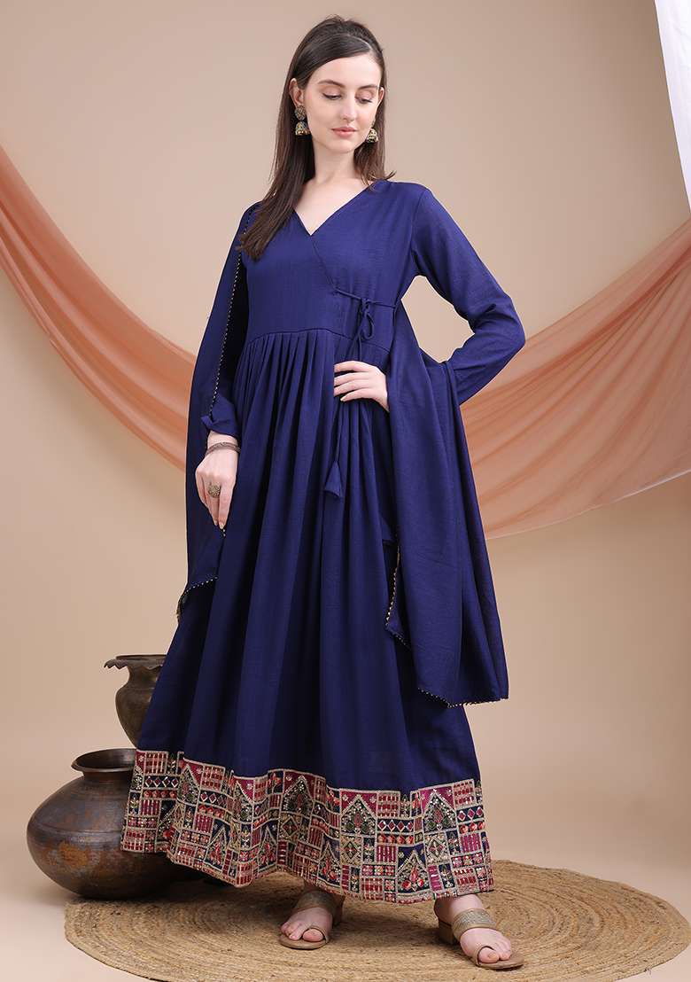 Navy Blue Solid Silk Blend Kurti With Dupatta - Indya