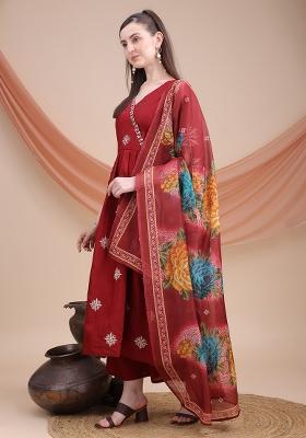 Maroon Embroidered Silk Kurta Set