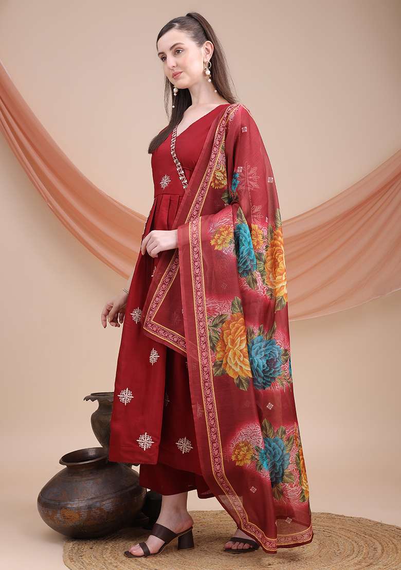 Maroon Embroidered Silk Blend Anarkali Set - Indya