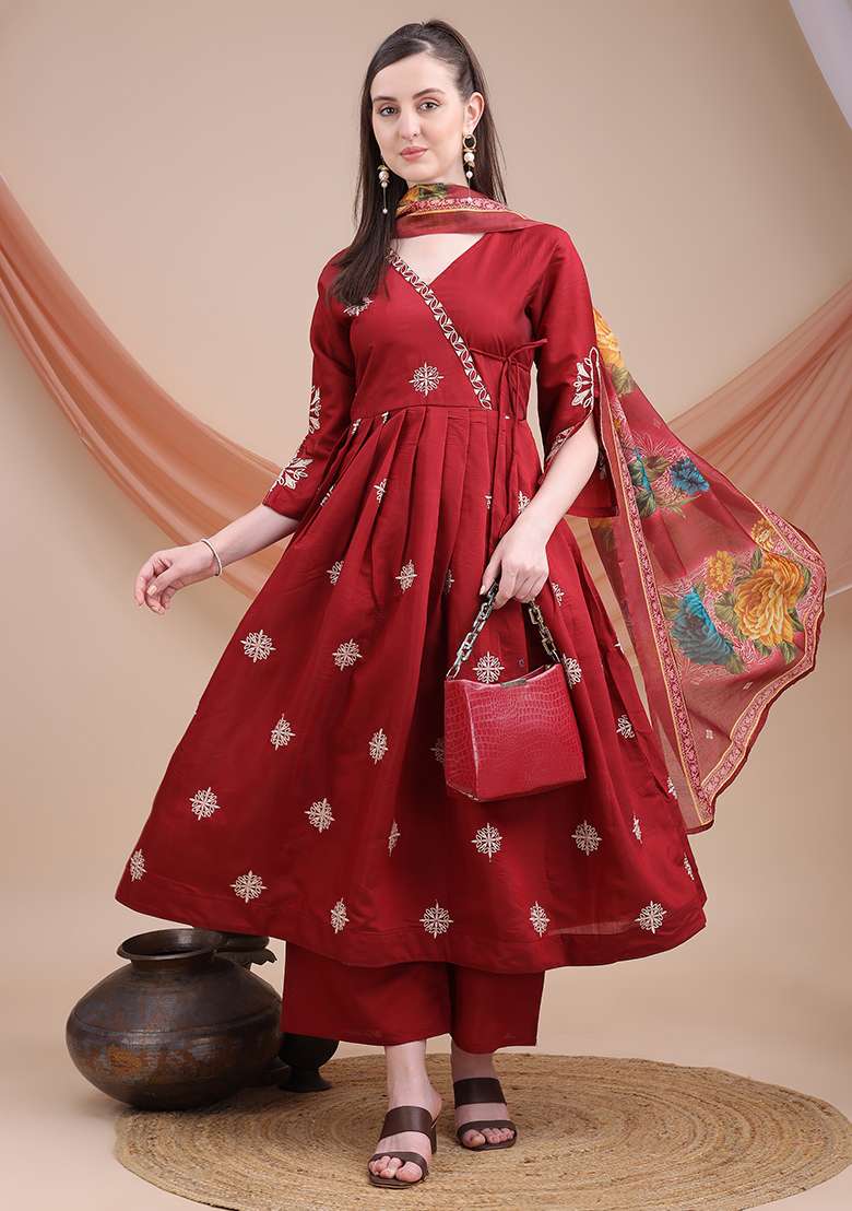 Maroon Embroidered Silk Blend Anarkali Set - Indya