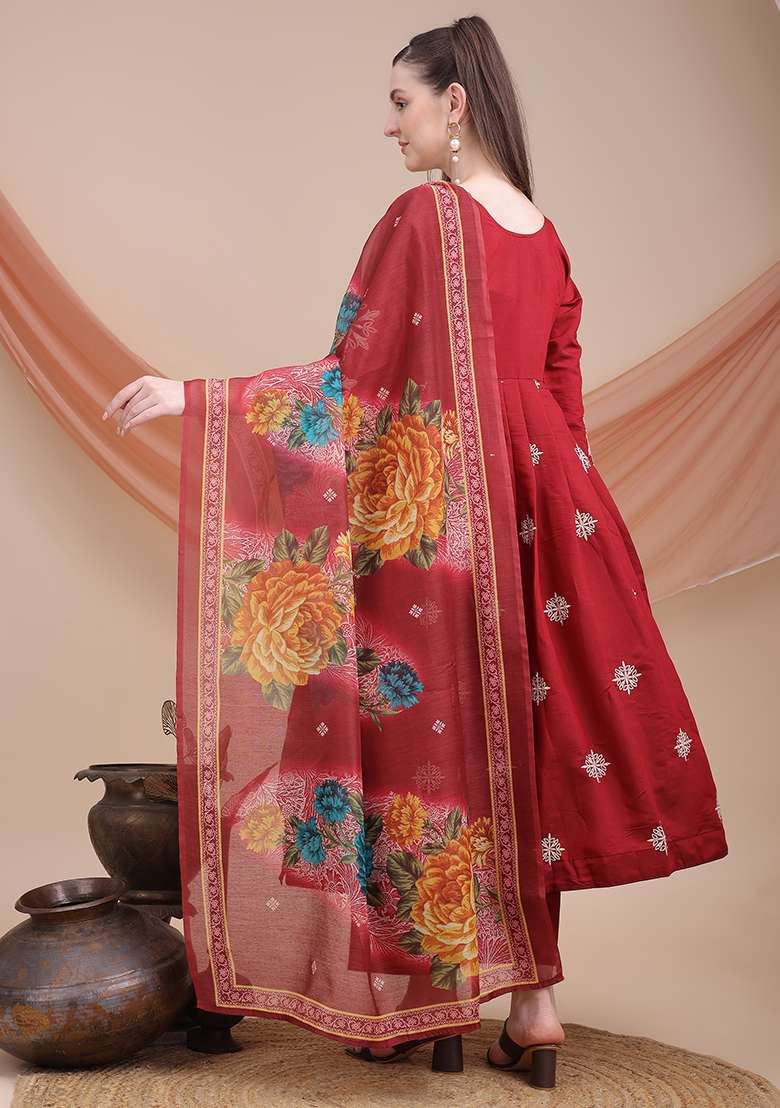 Maroon Embroidered Silk Blend Anarkali Set - Indya