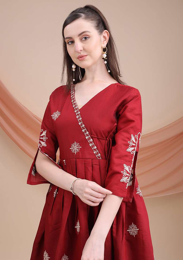 Maroon Embroidered Silk Blend Anarkali Set - Indya