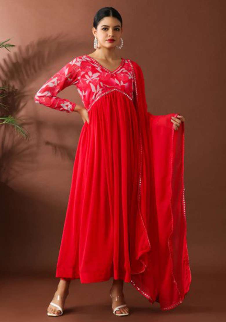 Red Embroidered Georgette Anarkali Set - Indya