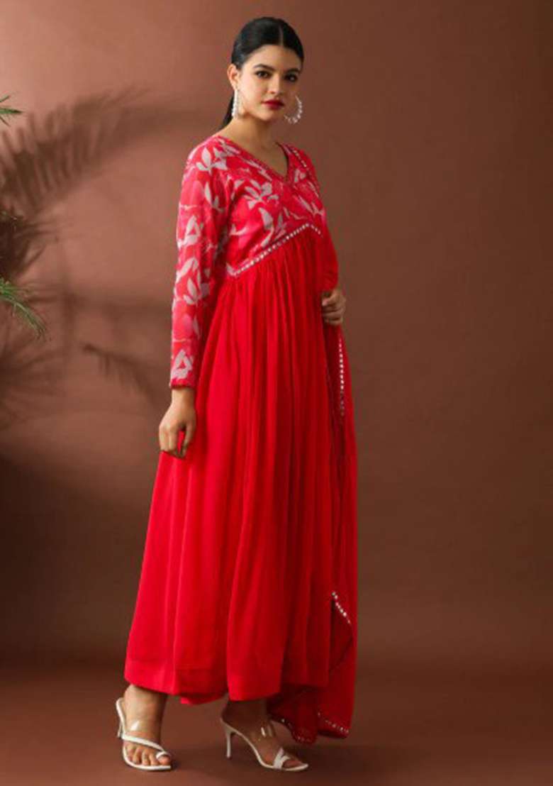 Red Embroidered Georgette Anarkali Set - Indya