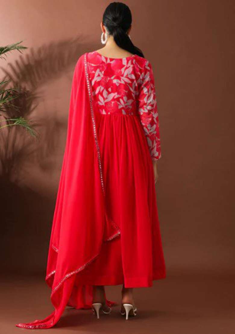 Red Embroidered Georgette Anarkali Set - Indya