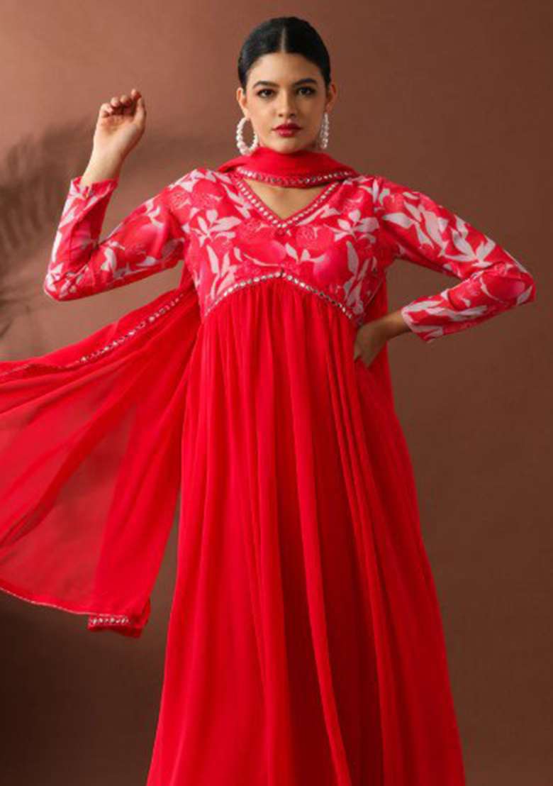Red Embroidered Georgette Anarkali Set - Indya