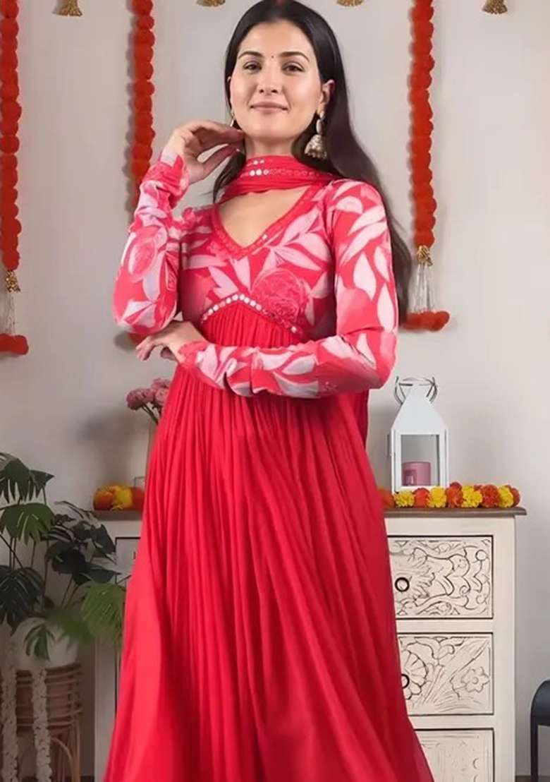 Red Printed Georgette Anarkali Set - Indya