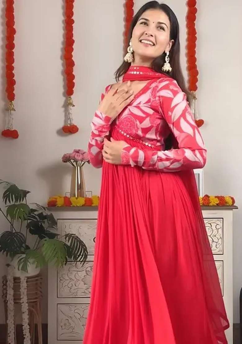 Red Printed Georgette Anarkali Set - Indya